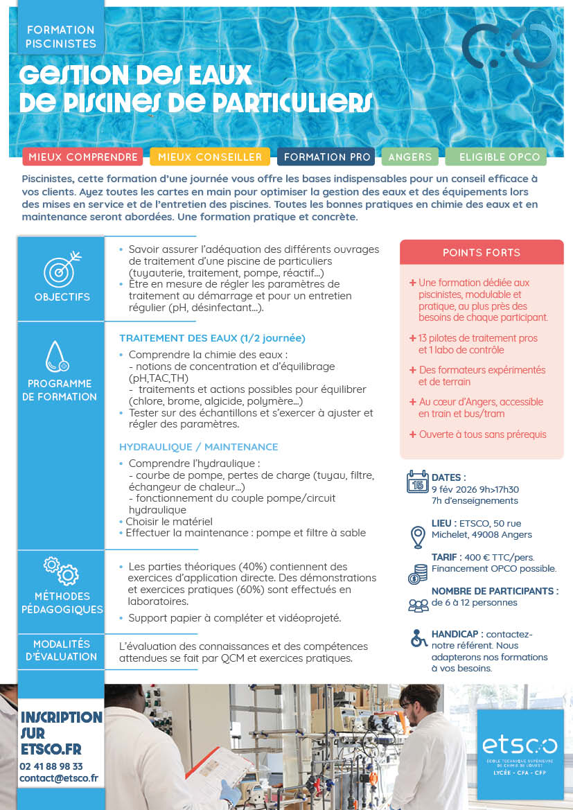 Formation piscinistes Gestion des eaux Angers février 2026